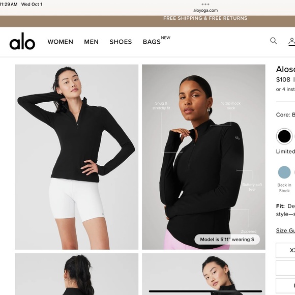 NWOT ALO Alosoft 1/2 zip Rapid Pullover size Large - Picture 1 of 3